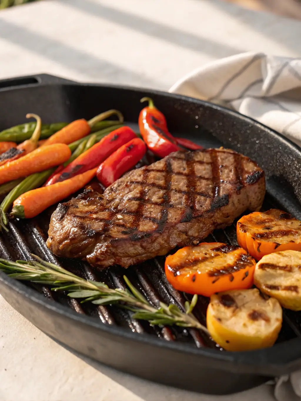 A close-up shot of a perfectly seared steak, showcasing its juicy texture and grill marks, placed on a bed of vibrant vegetables.