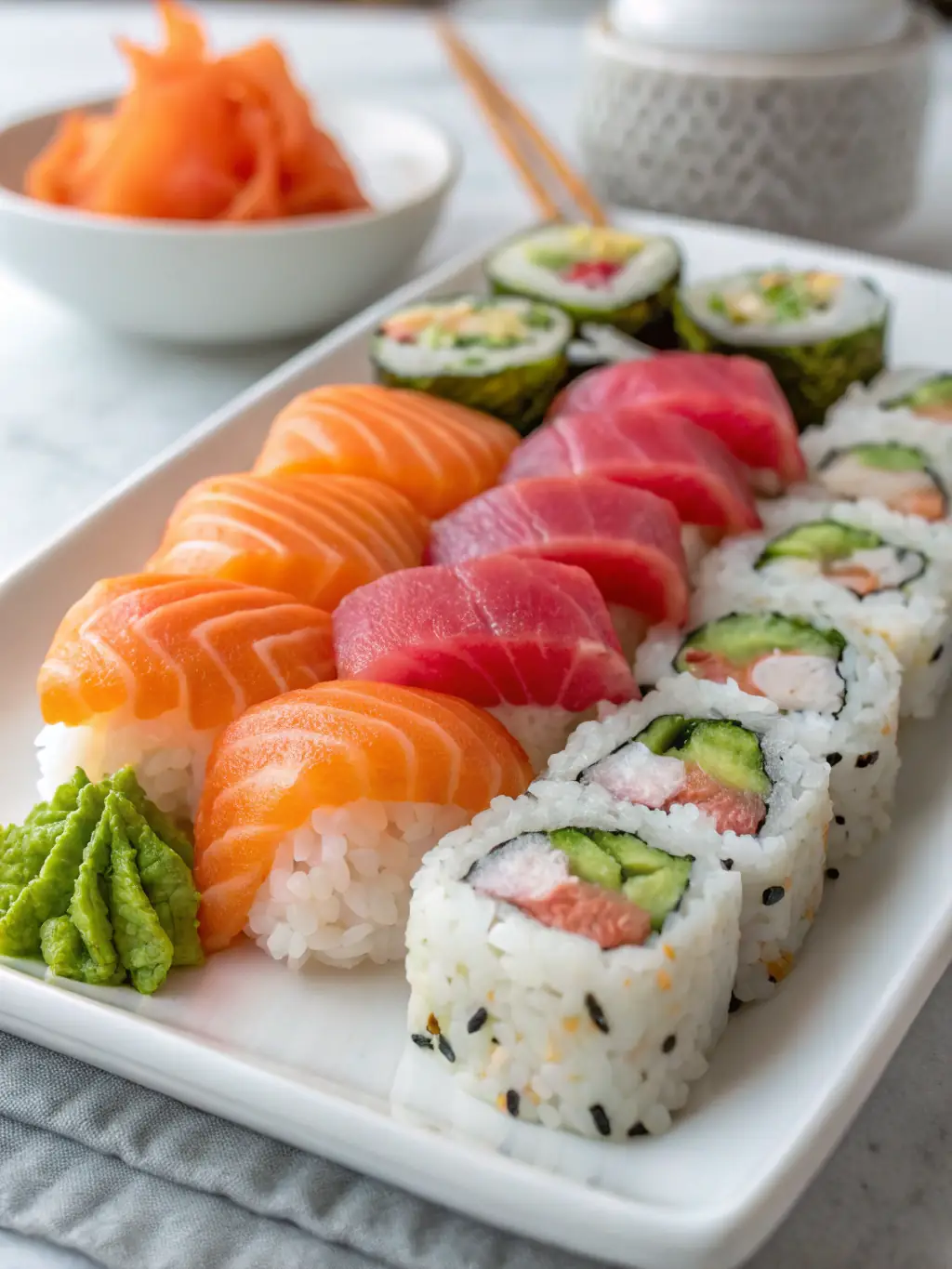 A beautifully arranged plate of sushi rolls, showcasing the variety of fish, colors, and textures.