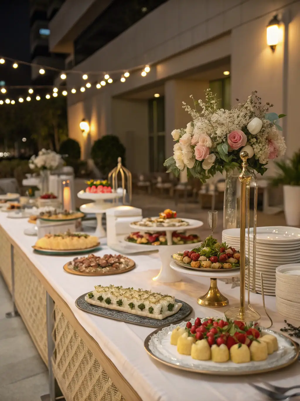 A catering setup at an outdoor event, showing a variety of dishes, serving staff, and happy attendees.