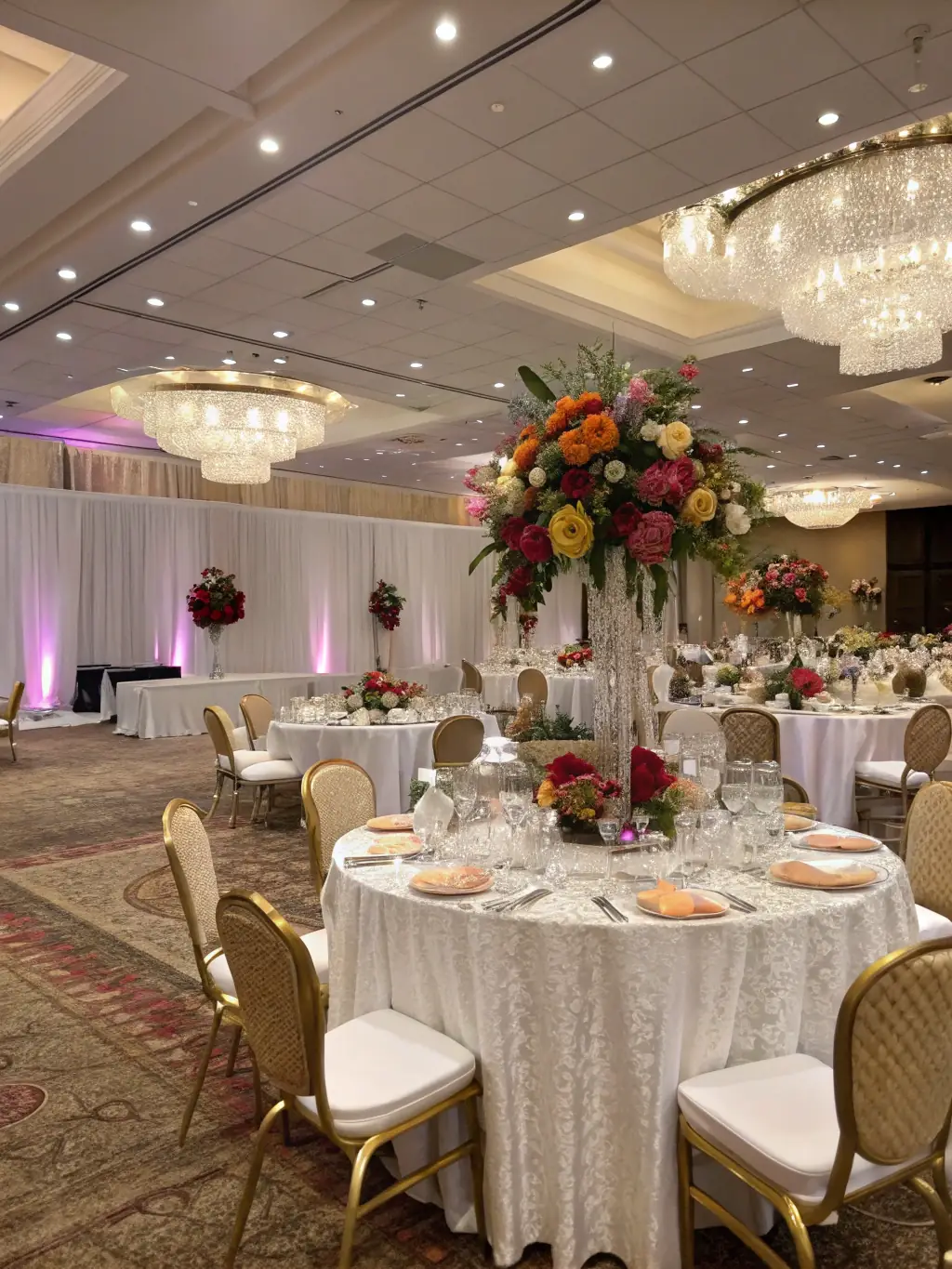 A beautifully decorated banquet hall set up for a wedding reception, showcasing elegant table settings, floral arrangements, and soft lighting.