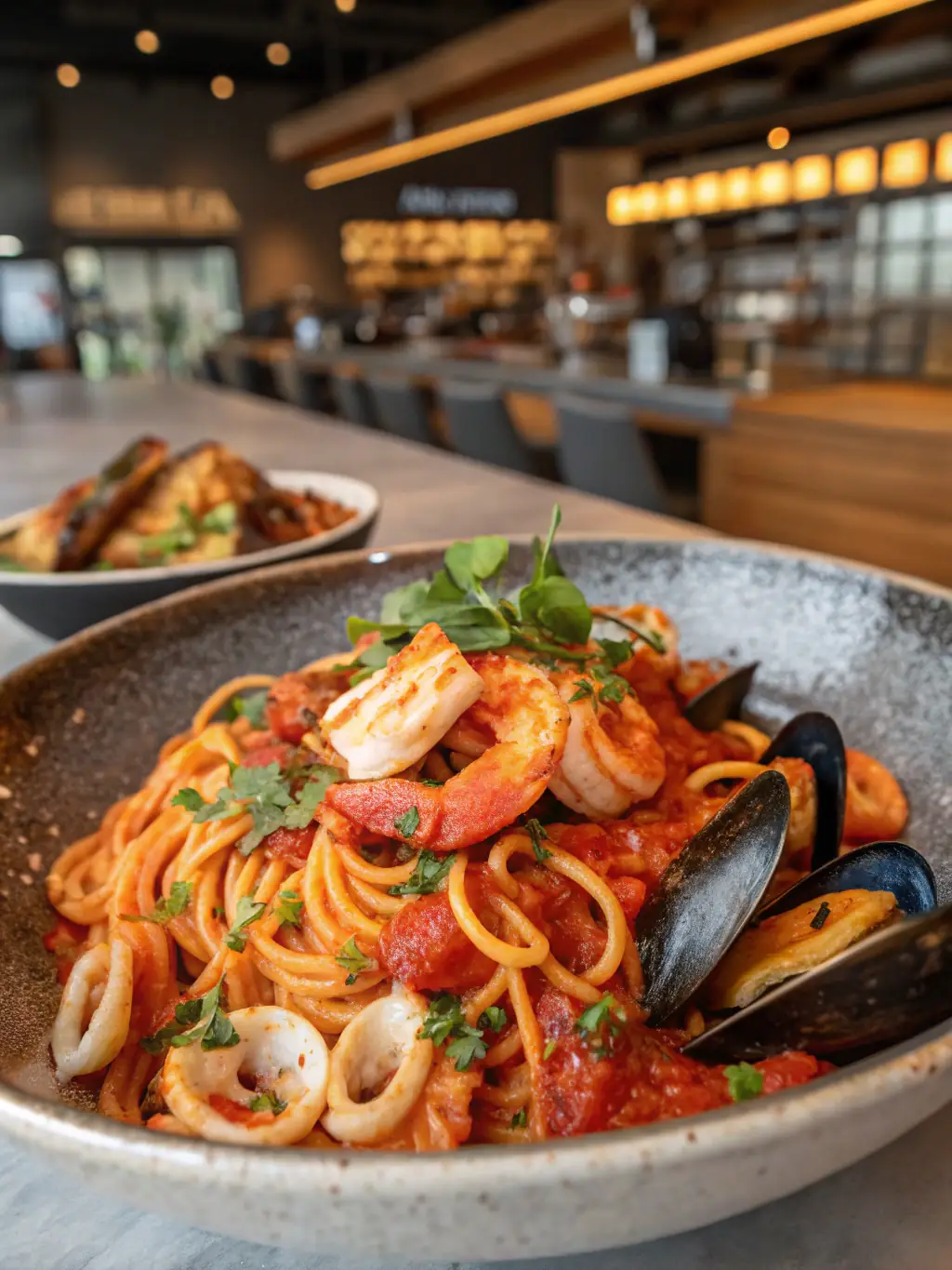 A vibrant image of a colorful pasta dish with fresh seafood, highlighting the rich sauce and perfectly cooked pasta.