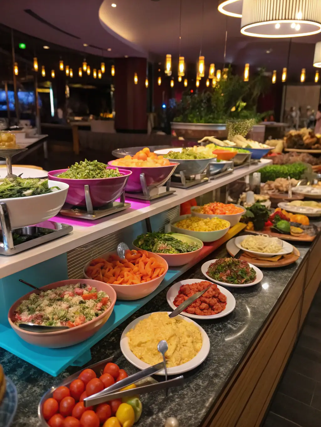 A close-up of a beautifully arranged buffet table with a variety of gourmet dishes, highlighting the restaurant's catering menu options.