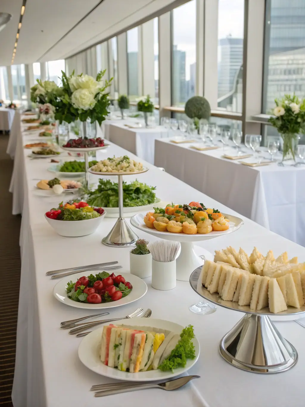 A corporate event in a private dining room, featuring a buffet spread, professional presentation setup, and attendees networking.